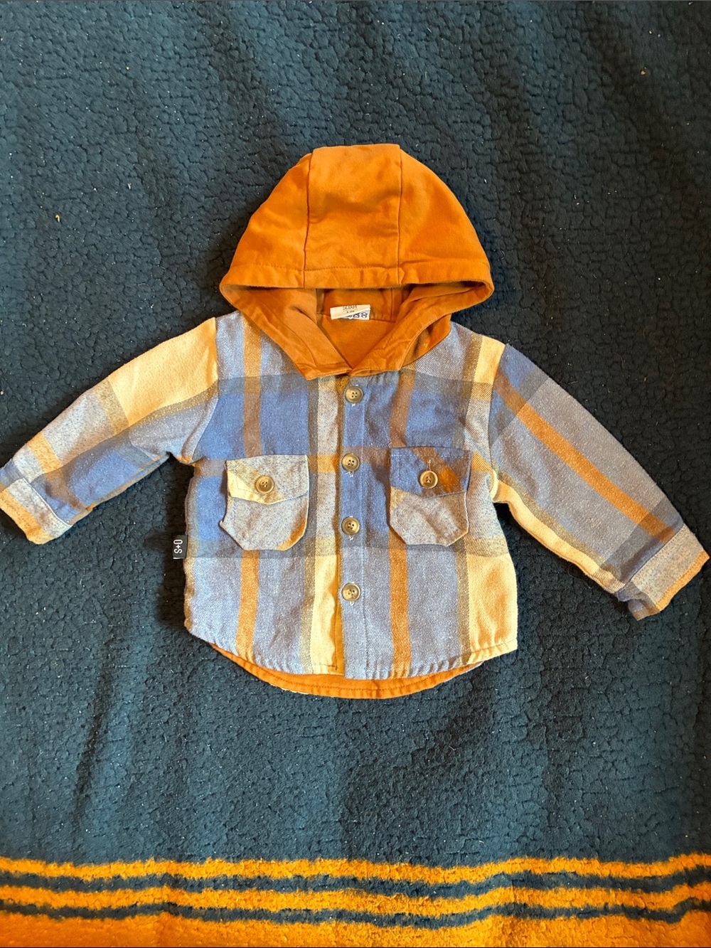 Olive + Scout Baby Plaid Button Shirt with Rust Hood